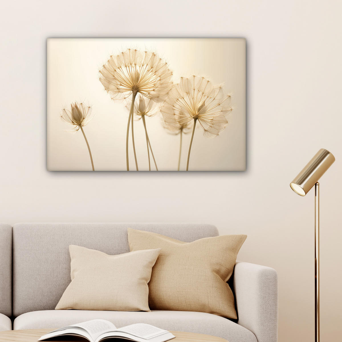 LEINWANDBILD Sonnenlicht - Löwenzahn - Botanisch - Blumen Gemälde 60x40 cm - Creme, Textil (60/40cm) - MuchoWow