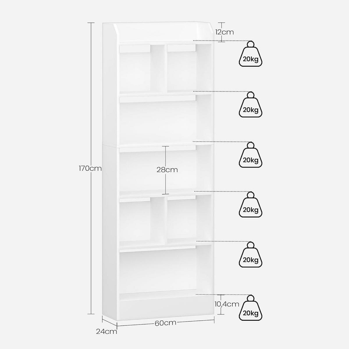 BÜCHERREGAL 6 Fächer Weiß 24 x 60 x 170 cm - Weiß, Holzwerkstoff (60/170/24cm)