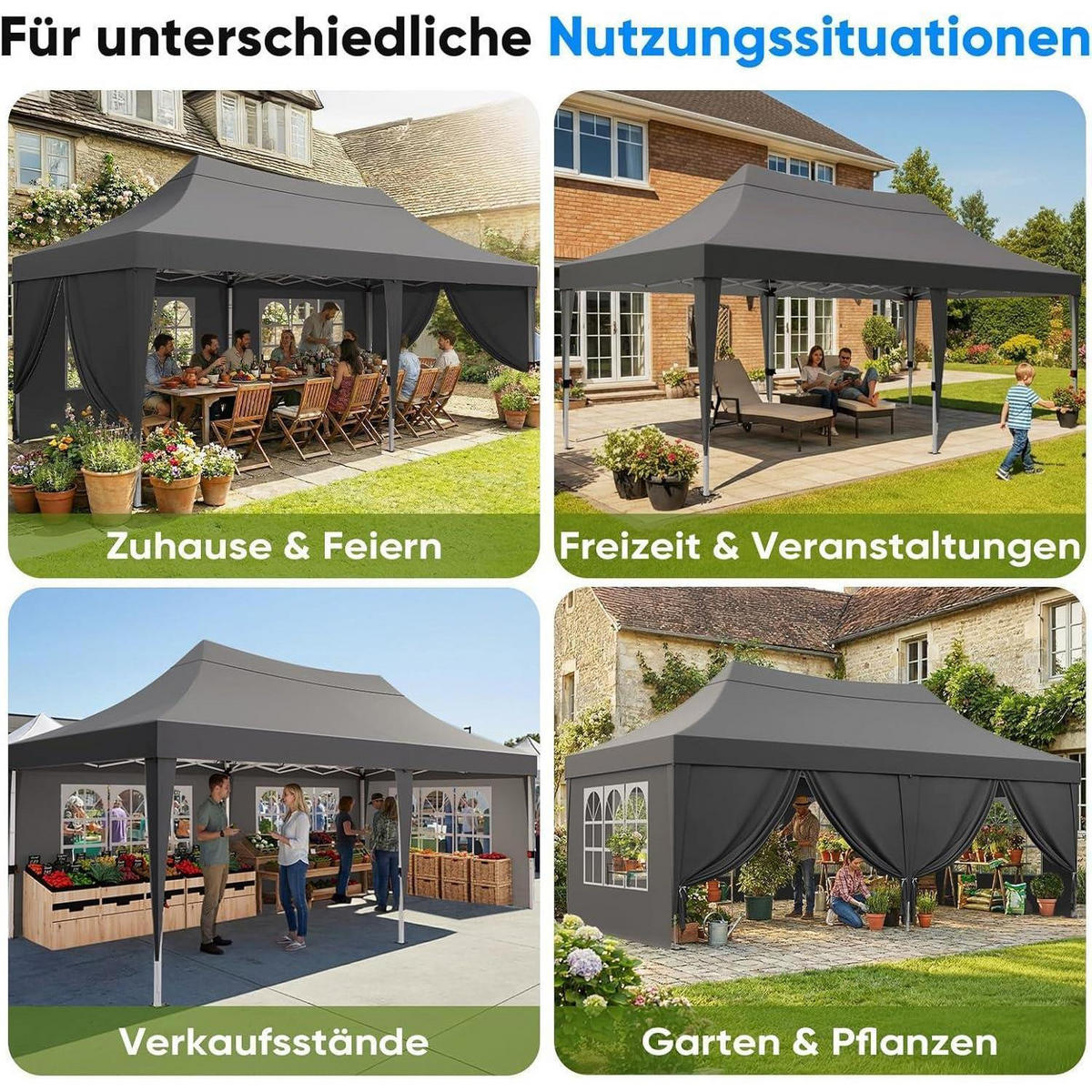 FALTPAVILLON 3x6m wasserdicht mit Seitenwänden und UV-Schutz - Grau, Textil (585/310/293cm)