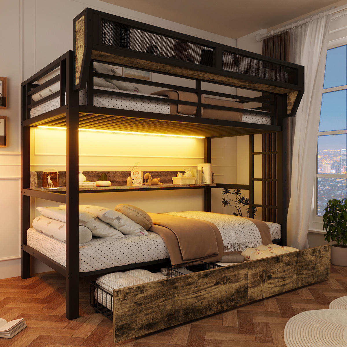 ETAGENBETT 90/200 cm in Schwarz mit LED, Ablagebord, Aufbewahrungskorb und 2 Schubladen - Schwarz, Holzwerkstoff/Metall (90/200cm) - WISHDOR