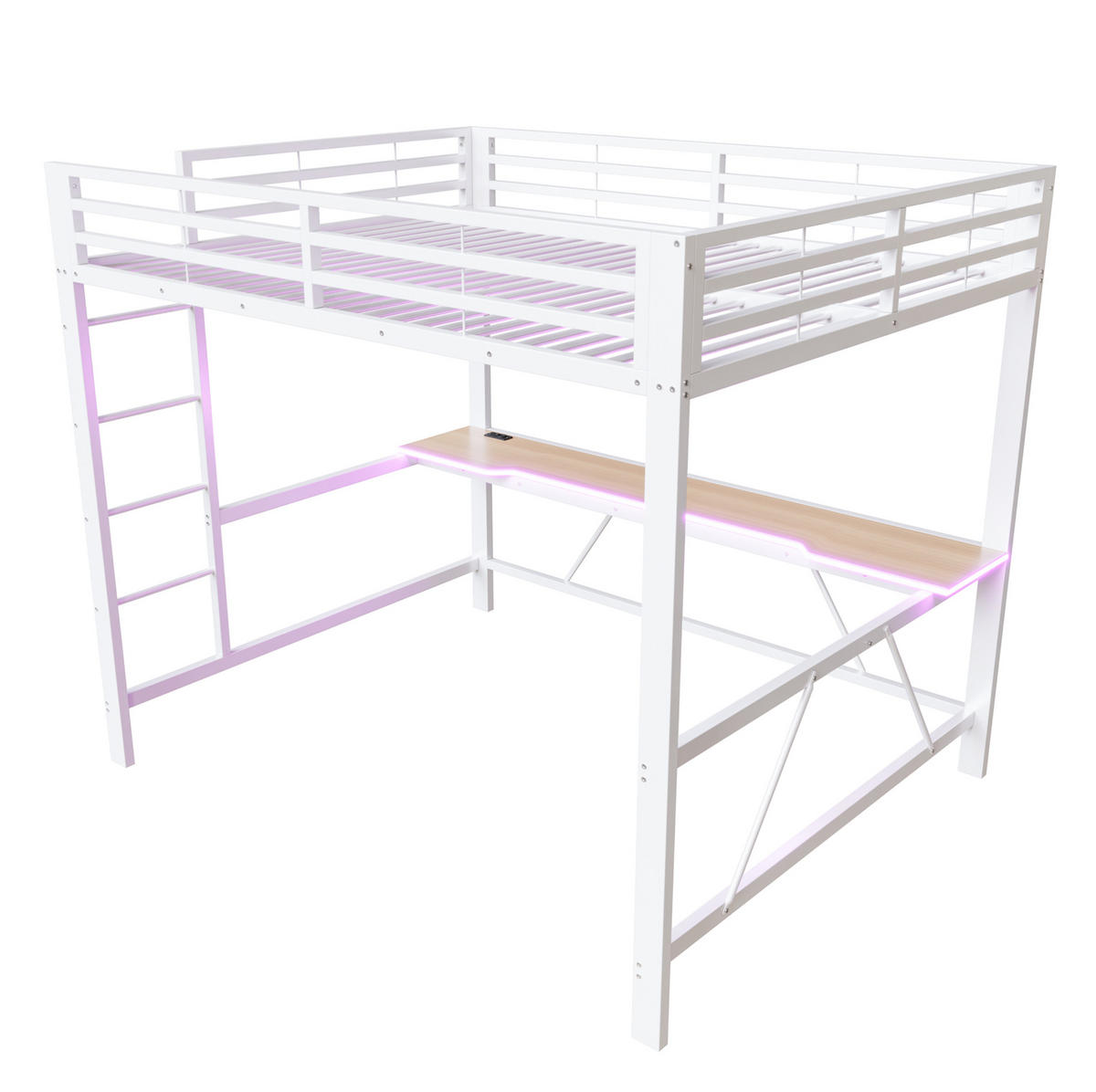 GAMING-HOCHBETT aus Metall und MDF 160x200 cm Weiß mit Schreibtisch, LED-Beleuchtung und Rundum-Schutz - Weiß, Holzwerkstoff (160/200cm) - Modfu