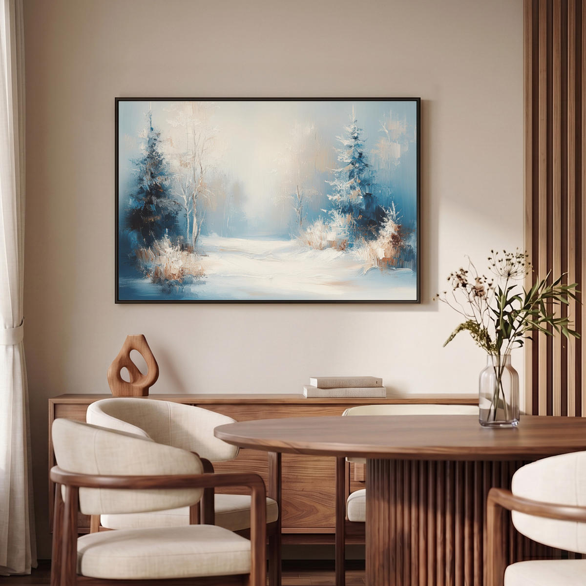 LEINWAND Bilder mit Rahmen - Wald – Winter – Natur – Abstrakt – Schnee - 90x60 - Weiß, Textil (90/60cm) - MuchoWow