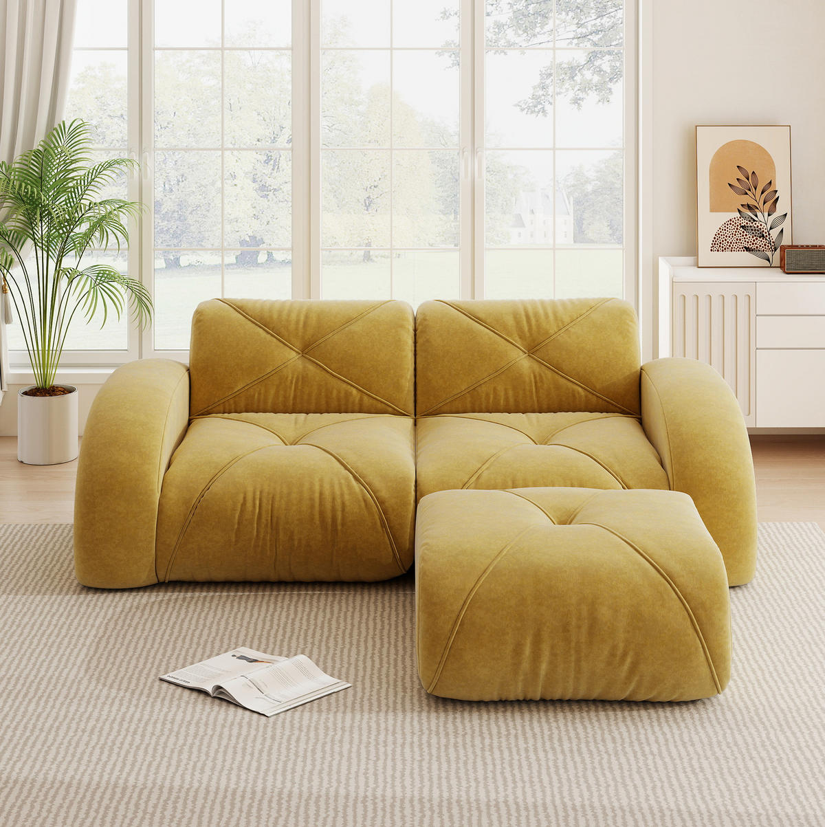 MODULARES 2-Sitzer-Sofa mit Hocker, rahmenloses Design und 32D-Schaumstoff, Gelb - Gelb, Textil (204/76/171cm) - Redom