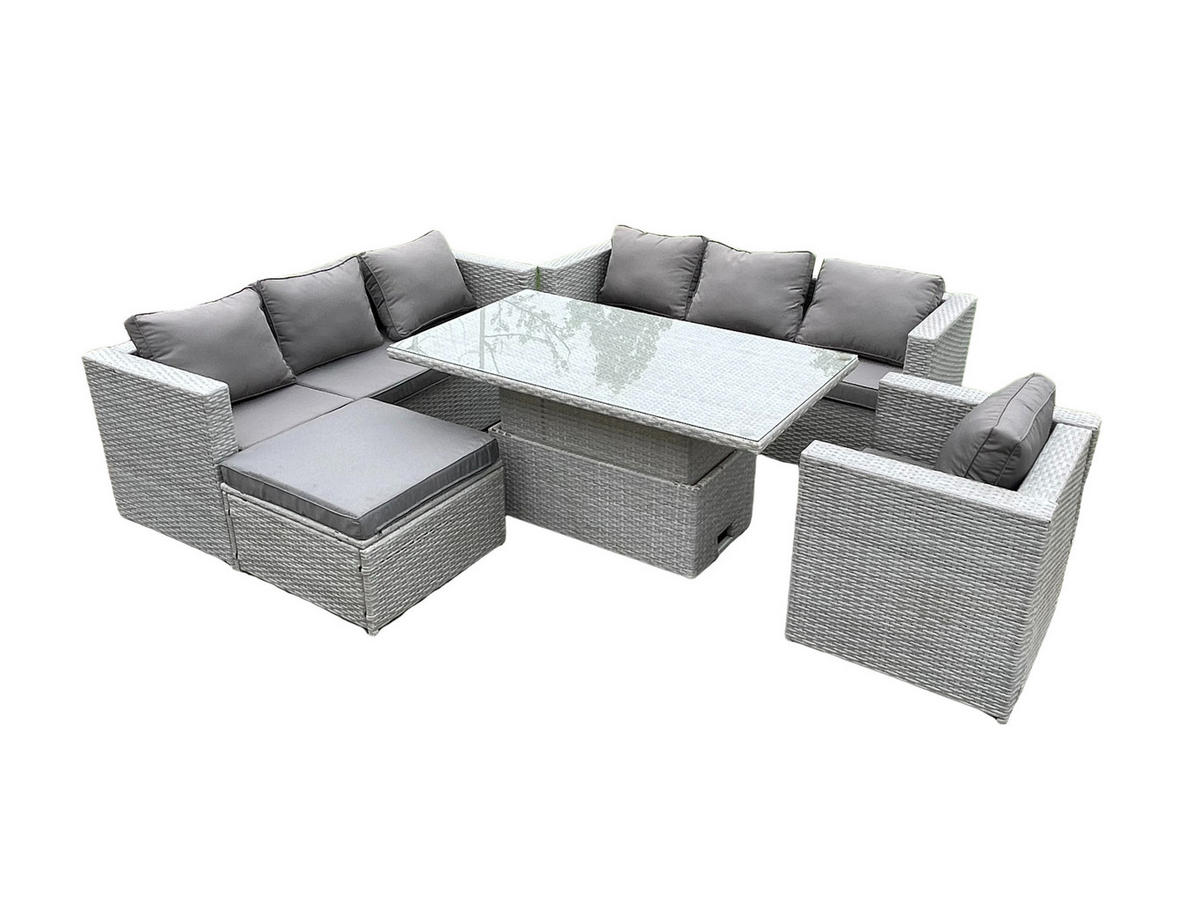 GARTENMÖBEL SET mit höhenverstellbarer Tisch Polyrattan Helles Grau 8-Sitzer - Hellgrau, Metall - Fimous
