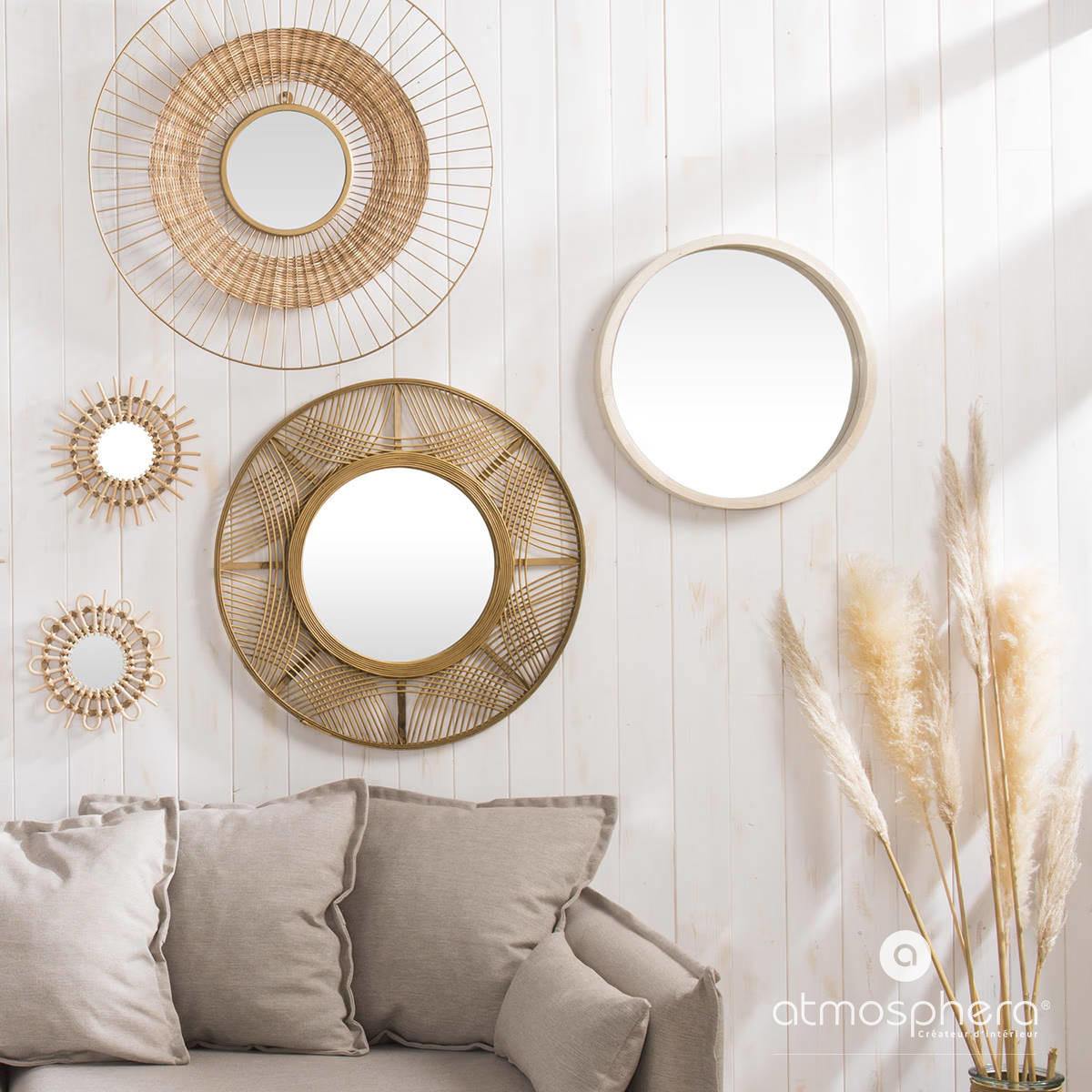 BOHO-SPIEGEL mit Bambusrahmen Ina 90/90/2 cm - Beige, Holzwerkstoff (90/2/90cm) - Atmosphera Createur d´interieur
