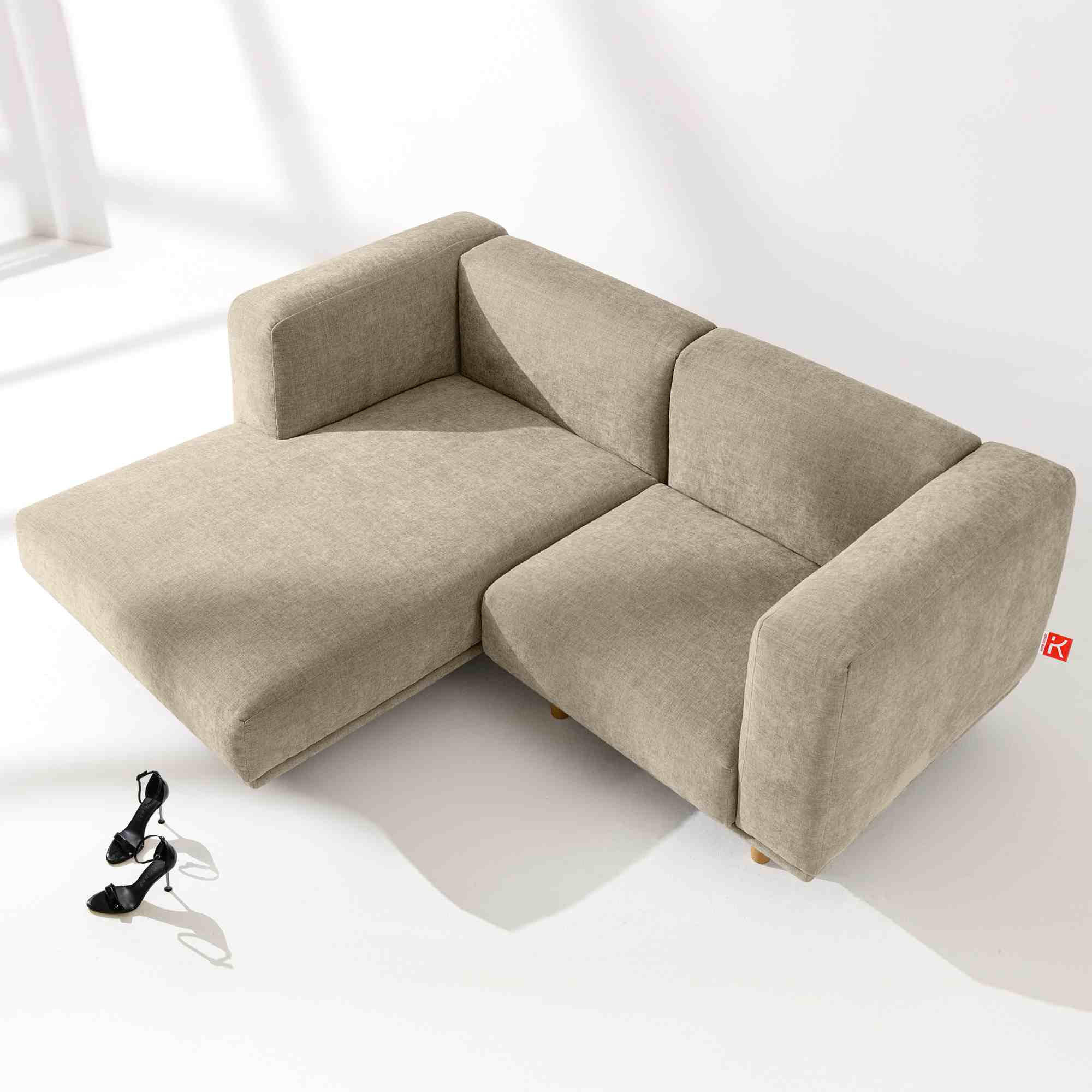 ECKSOFA-LINKS FOSERO, Chenille-Stoff - Beige/Buchefarben, Holz/Holzwerkstoff (204/155cm) - KONSIMO®