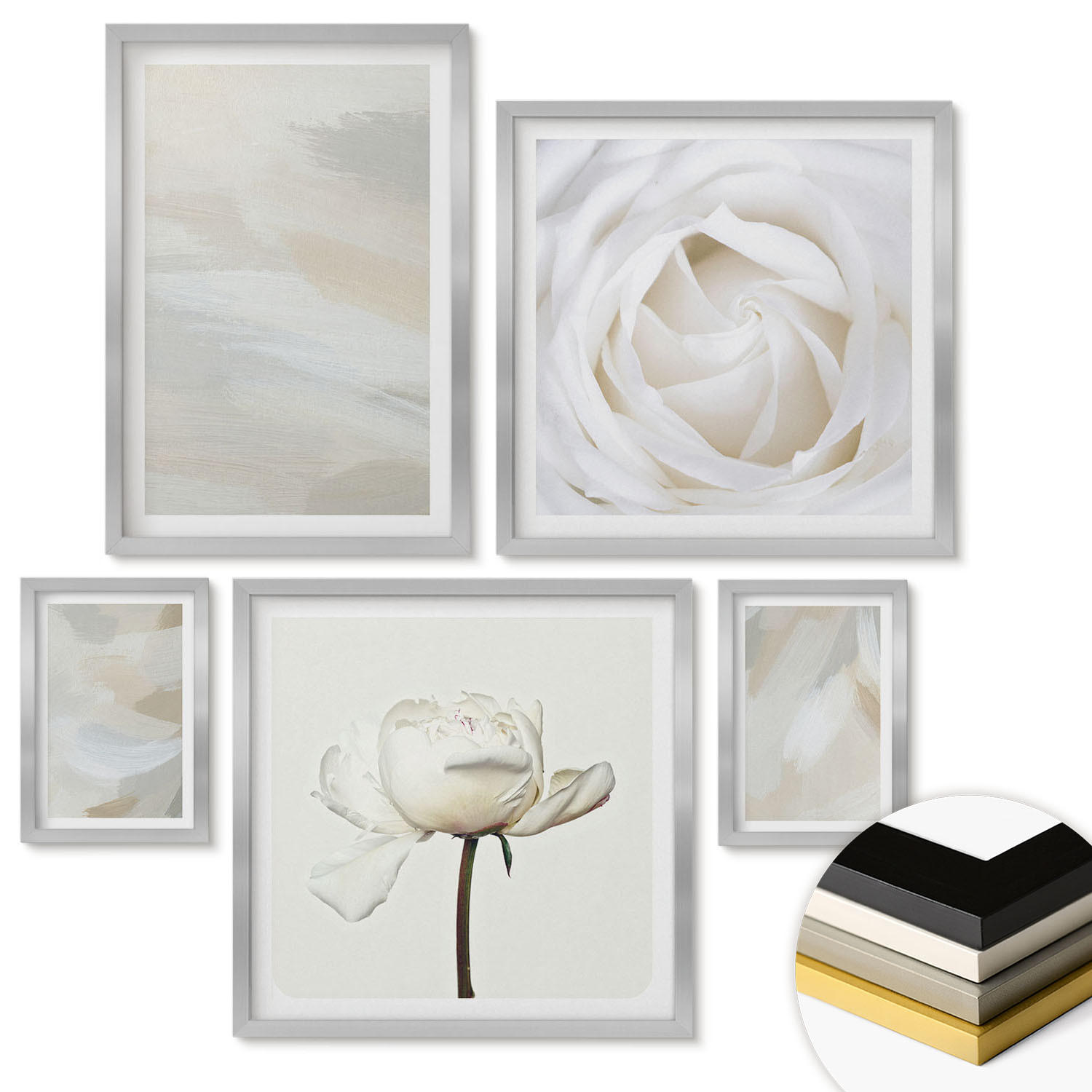 WANDBILDER 5er Set - 50x50 cm & 20x30 cm & 40x60 cm Silberner Rahmen - Abstrakter Hintergrund mit feinen Strichen - Silberfarben, Kunststoff (40/60cm) - ArtPrintCave