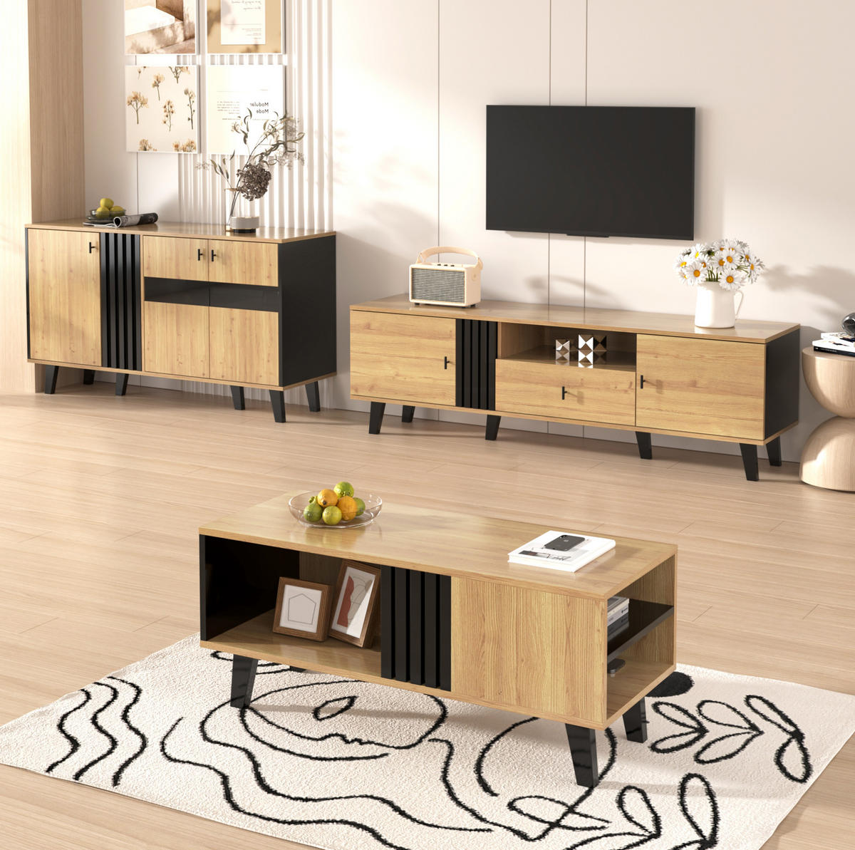 SIDEBOARD 80/120/40 cm in Holzfarben/Schwarz mit Glastüren und LED-Beleuchtung - Naturfarben, Holzwerkstoff (80/40/120cm) - Flora Grace