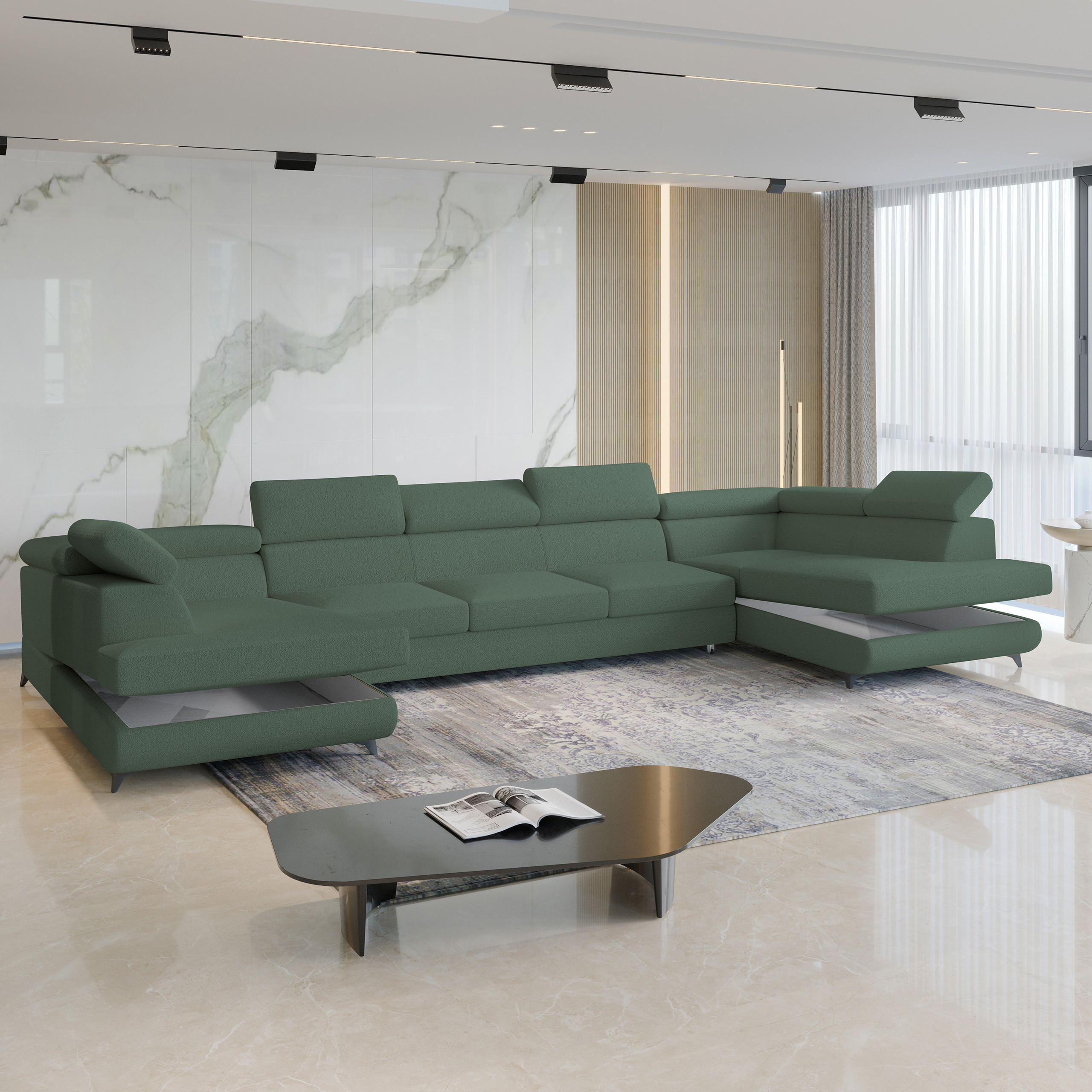 WOHNLANDSCHAFT URMANO Grün Boucle-Stoff mit Schlaffunktion - Grün, Holz (395/89/190cm) - MASSENO