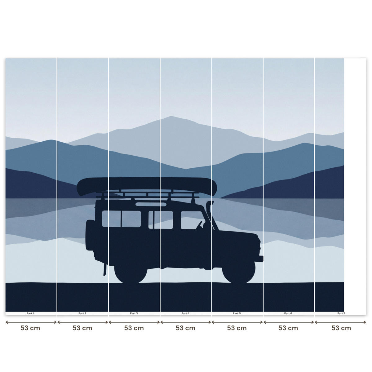 KINDERTAPETE - Auto - See - Berge - Blau - 350x260 cm - Blaugrau, Papier (350/260cm) - OnlyWow