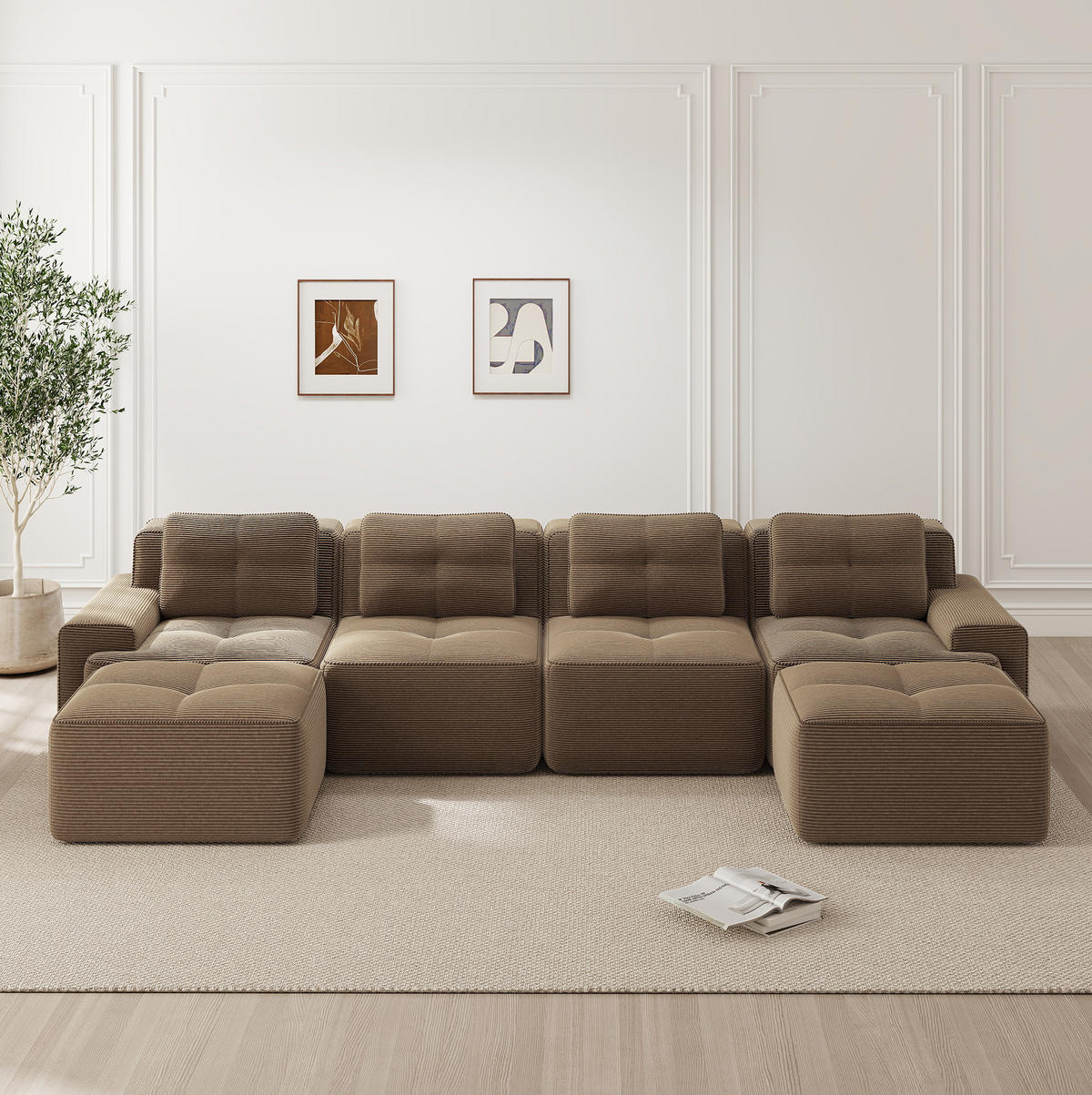WOHNLANDSCHAFT 382/177/69 cm in Braun aus Cord, modular und montagefrei - Braun, Textil (177/69/382cm) - Flora Grace