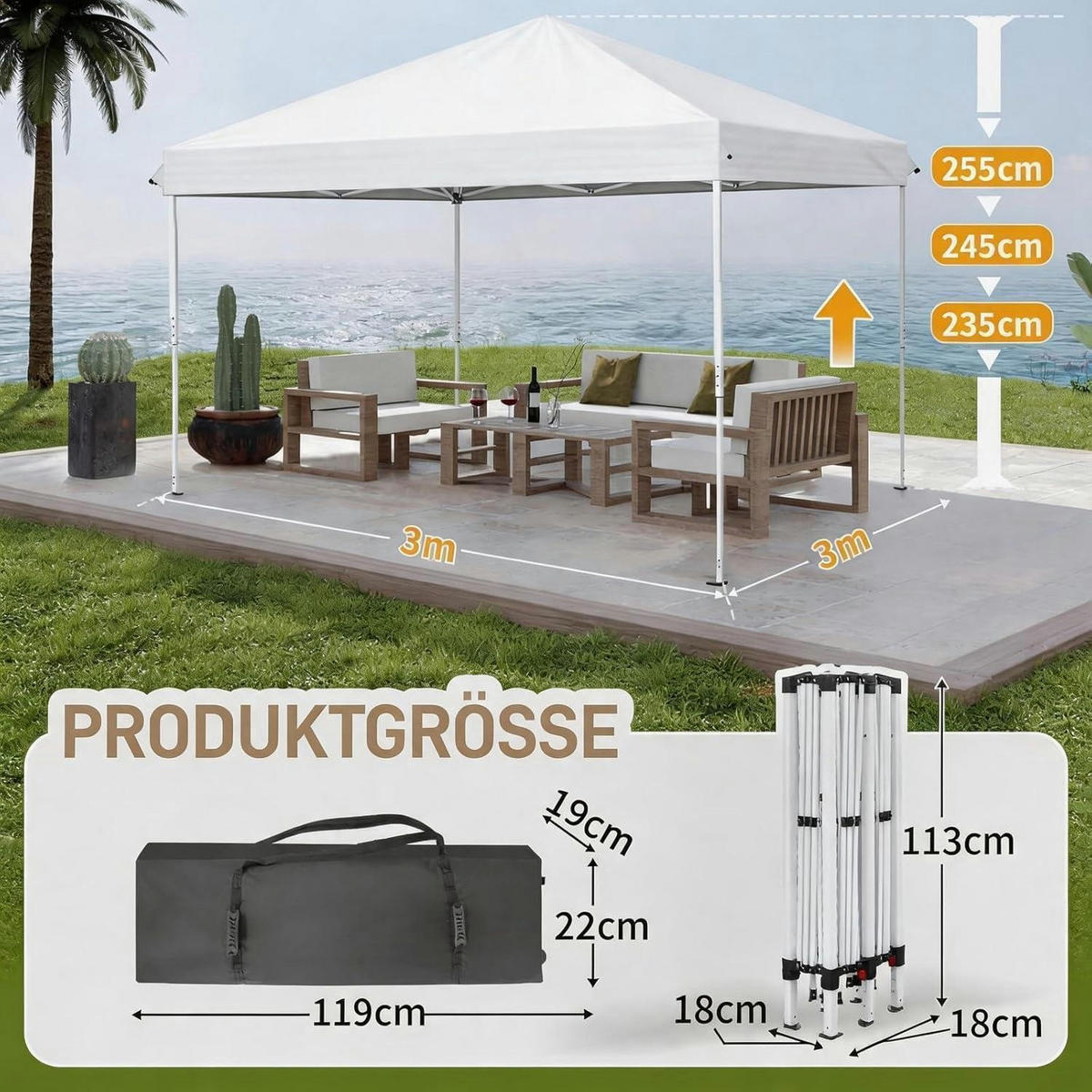 FALTPAVILLON 3 x 3 m weiß mit 4 Seitenteilen, Pop-Up One-Touch - Weiß, Textil (300/255/300cm)