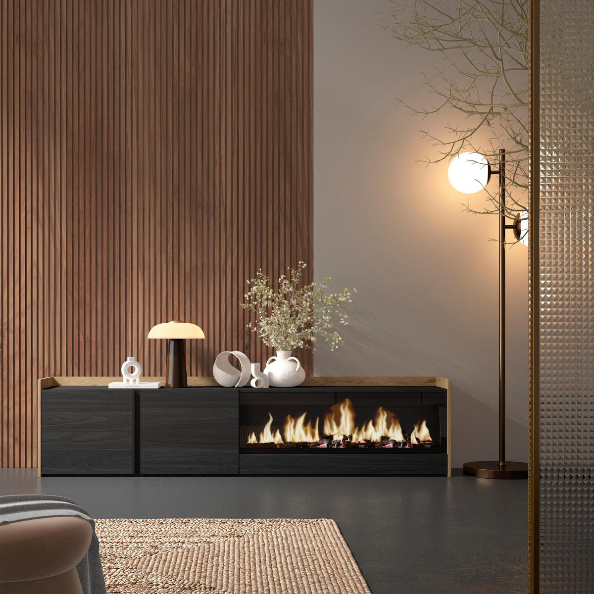 LOWBOARD, Schwarz und Eiche, 212/35/50cm, Kamin mit Feuereffekt XXL - Schwarz, Holzwerkstoff (212/50/35cm) - Skraut Home