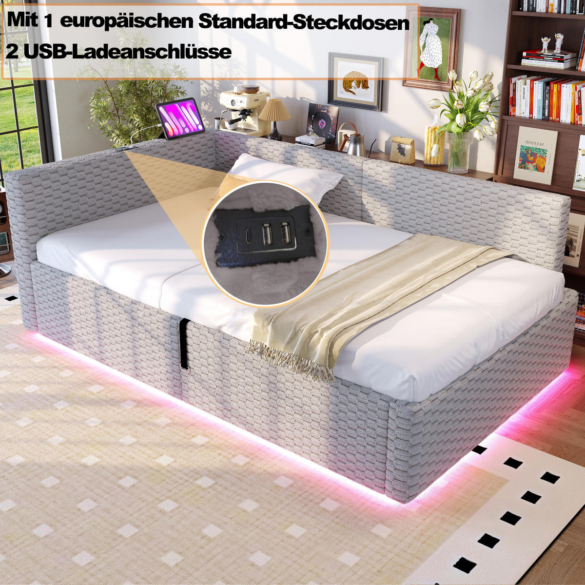 POLSTERBETT 90/200 cm aus Samt mit LED, USB, Typ-C, hydraulischem Bettkasten und L-förmiger Rückenlehne, Grau - Grau, Holzwerkstoff (90/200cm) - Redom