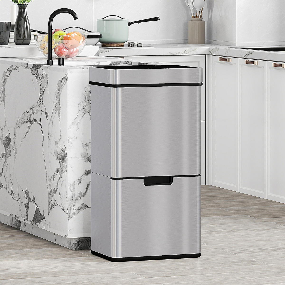 MÜLLEIMER MIT SENSOR 72L 42/81/30 cm Edelstahl Silberfarben Mülltrennsystem 3 Fächer Küche - Silberfarben, Metall (30/81/42cm) - Rolipo