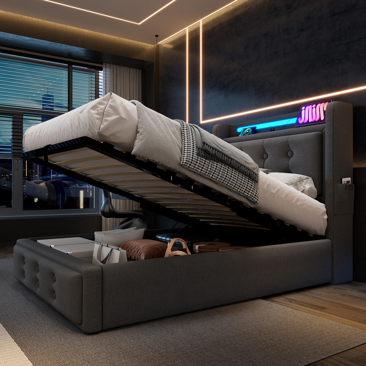 POLSTERBETT 90/200 cm Grau mit LED-Beleuchtung und USB-Ladefunktion Mit Matratze - Grau, Textil (90/200cm) - OKWISH