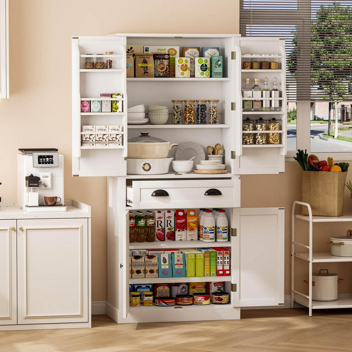 BUFFETSCHRANK, Vorratsschrank mit 4 Türen & 1 Schublade, 4 verstellbare Einlegeböden, Holzwerkstoff, 80/40/182 cm, Weiß - Weiß, Holzwerkstoff (80/182/40cm) - Modfu