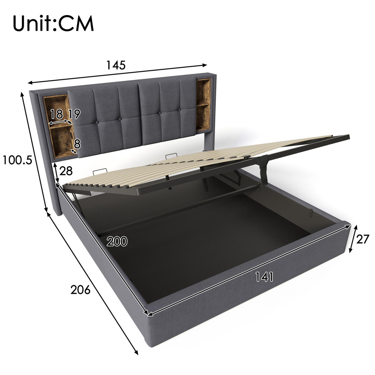 POLSTERBETT 140/200 cm mit kabellosem Laden, USB, Matratze, USB-C und Bettkasten, Baumwolle, Grau - Grau, Textil (140/200cm) - Redom