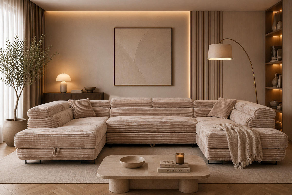 WOHNLANDSCHAFT SERENA U mit Stauraum, Beige - Beige, Textil (340/90/205cm) - KS Home Concept