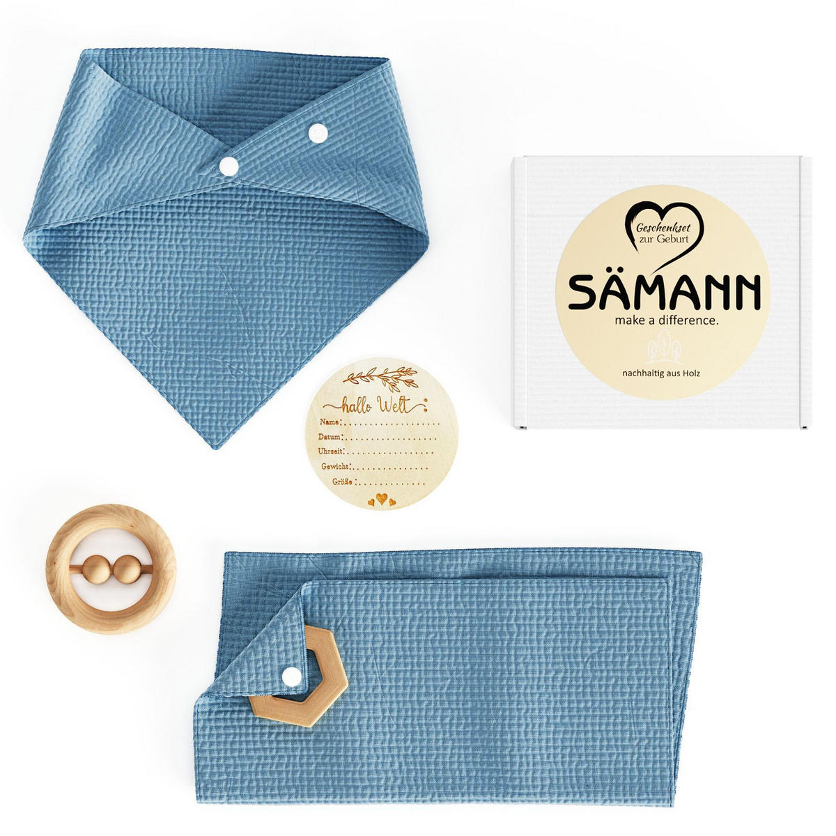 BABY Geschenkset 4-tlg. zur Geburt mit Halstuch, Rassel, Karte, Schmusetuch navyblau - Dunkelblau, Textil (10/10cm) - Sämann – make a difference.