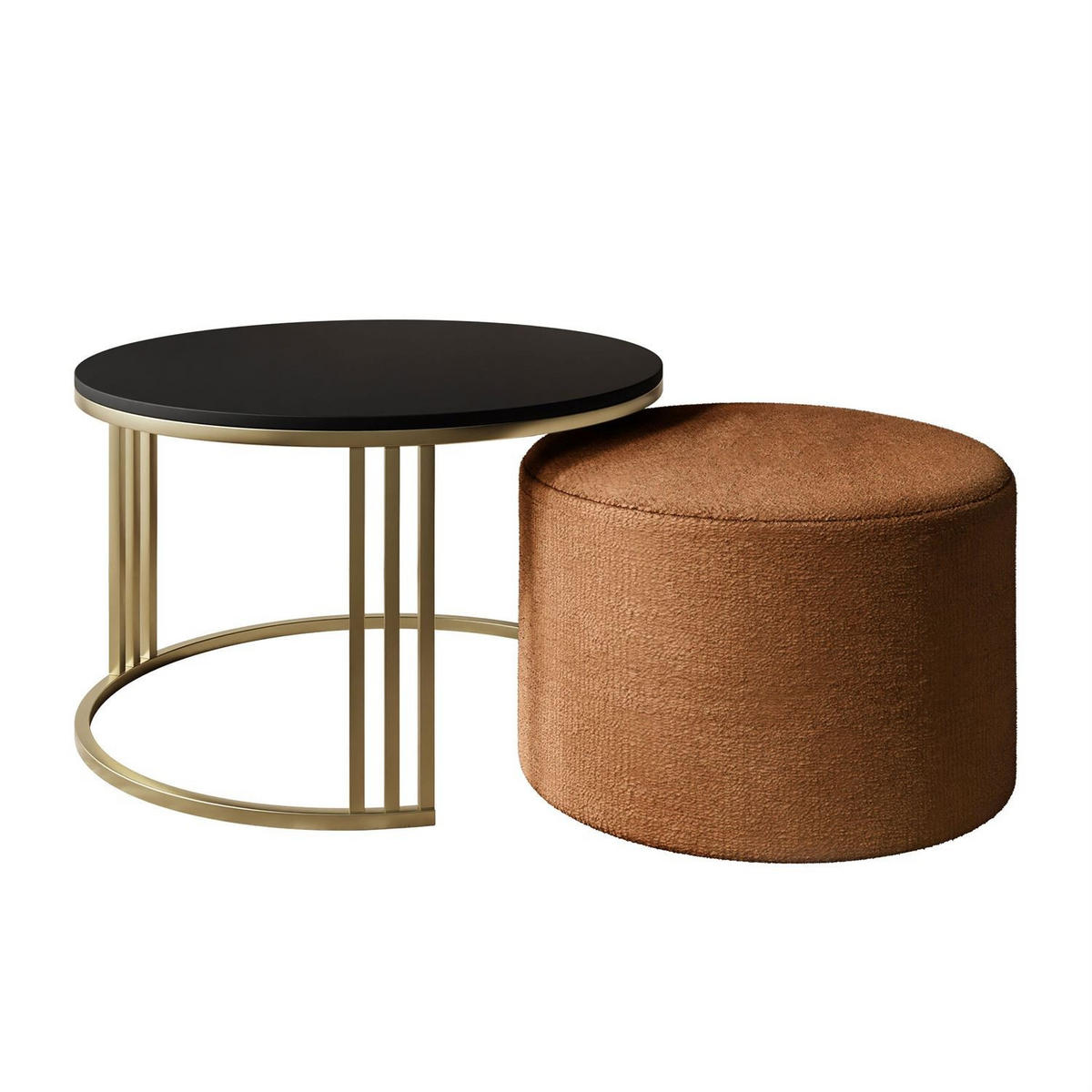 COUCHTISCH mit Hocker LORI MAT gebürstetes Gold/schwarz matt/Perfect Harmony 52 - Schwarz, Metall (70/70/49cm) - Lookway