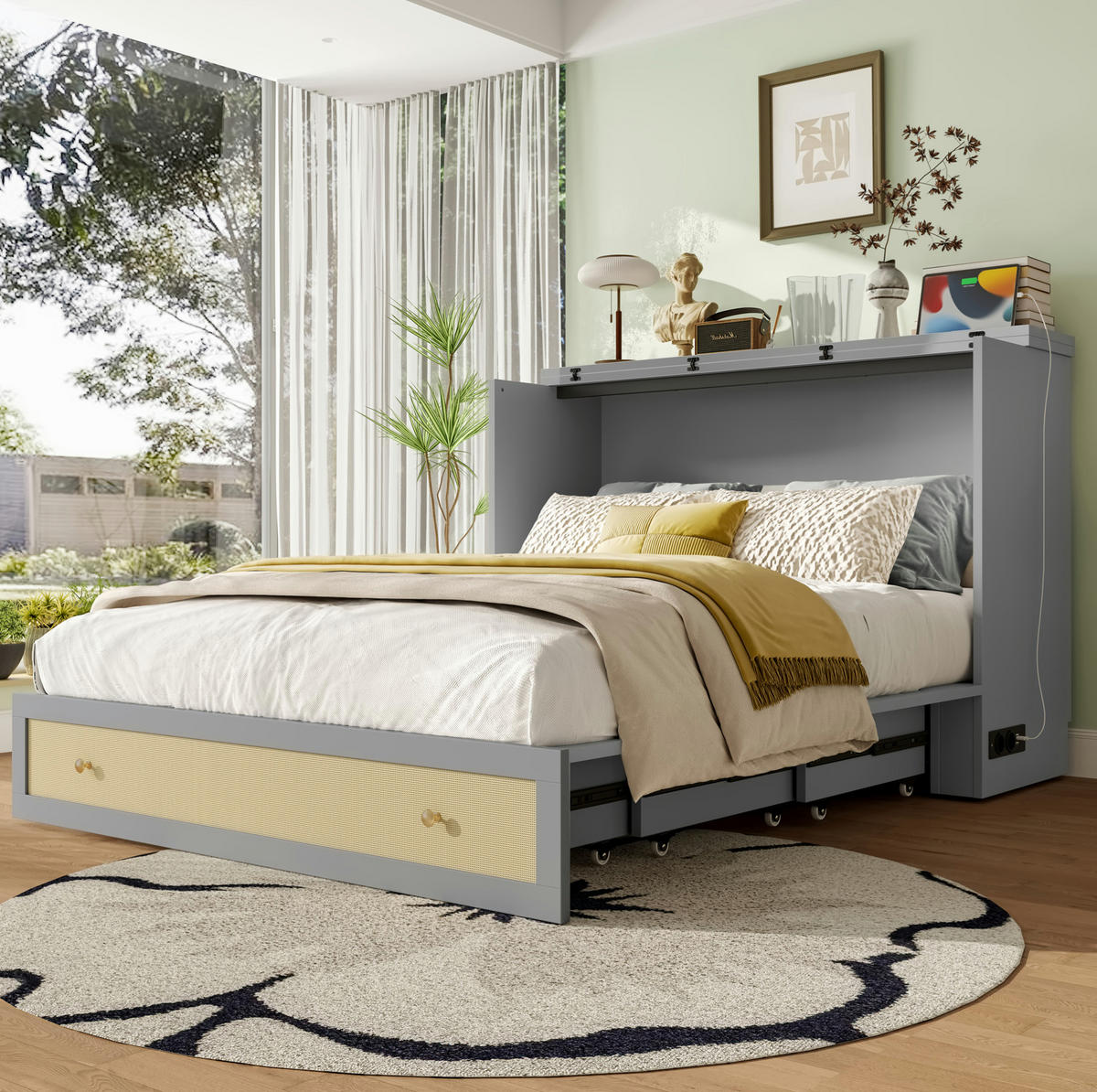 POSTELJNA omara iz MDF 140x200 cm siva z USB priključkom, vtičnico, predalom in preobrazbo v omaro - siva, leseni material (140/200cm) - Modfu