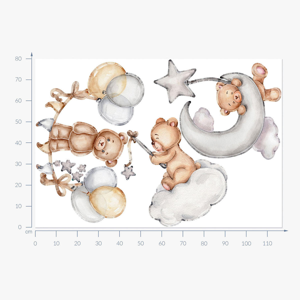 WANDAUFKLEBER 80x117cm - Teddybären und Ballons am Himmel - Multicolor, Kunststoff (80/117/0.1cm) - Wallfluent