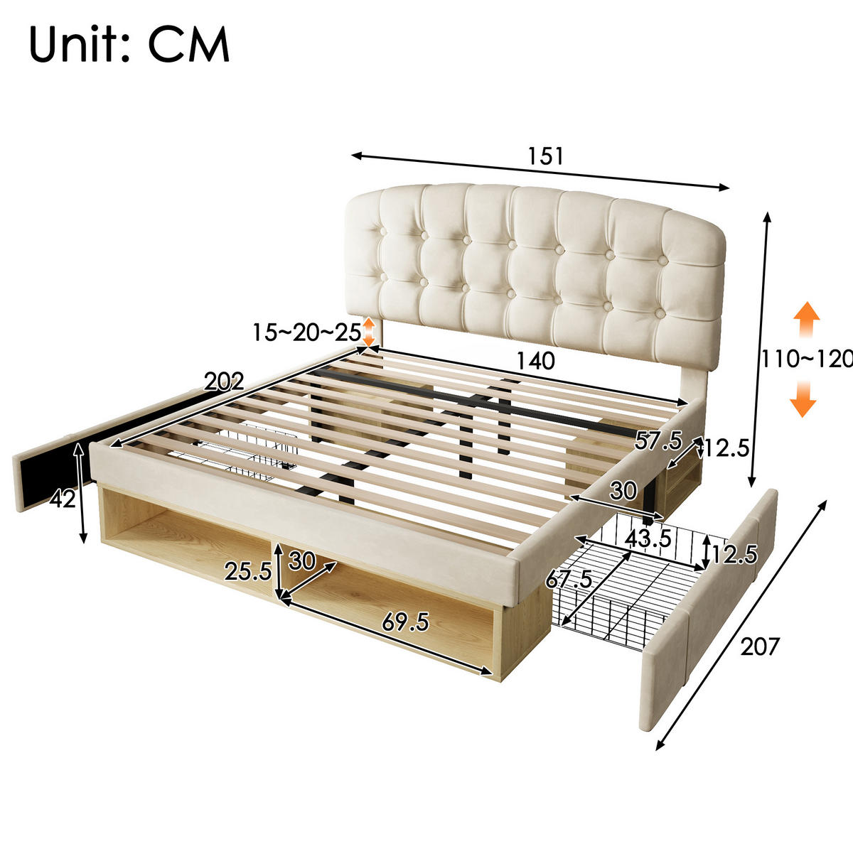 POLSTERBETT 140/200 cm Beige aus Samt mit Stauraum - Beige, Textil (140/200cm) - OKMYHOME