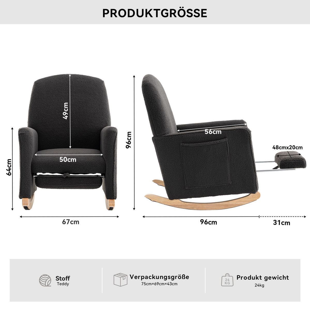 SCHAUKELSTUHL Teddy-Polster mit Fußhocker und Holzgestell 67/126/98 cm Dunkelgrau - Dunkelgrau, Textil (126/98/67cm) - Redom