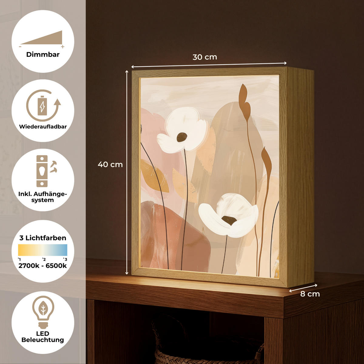 WANDLEUCHTE MIT AKKU Blumen - Abstrakt - Beige - Strichzeichnung 30x40 cm - Sandfarben, Holzwerkstoff (30/40/8cm) - OnlyWow