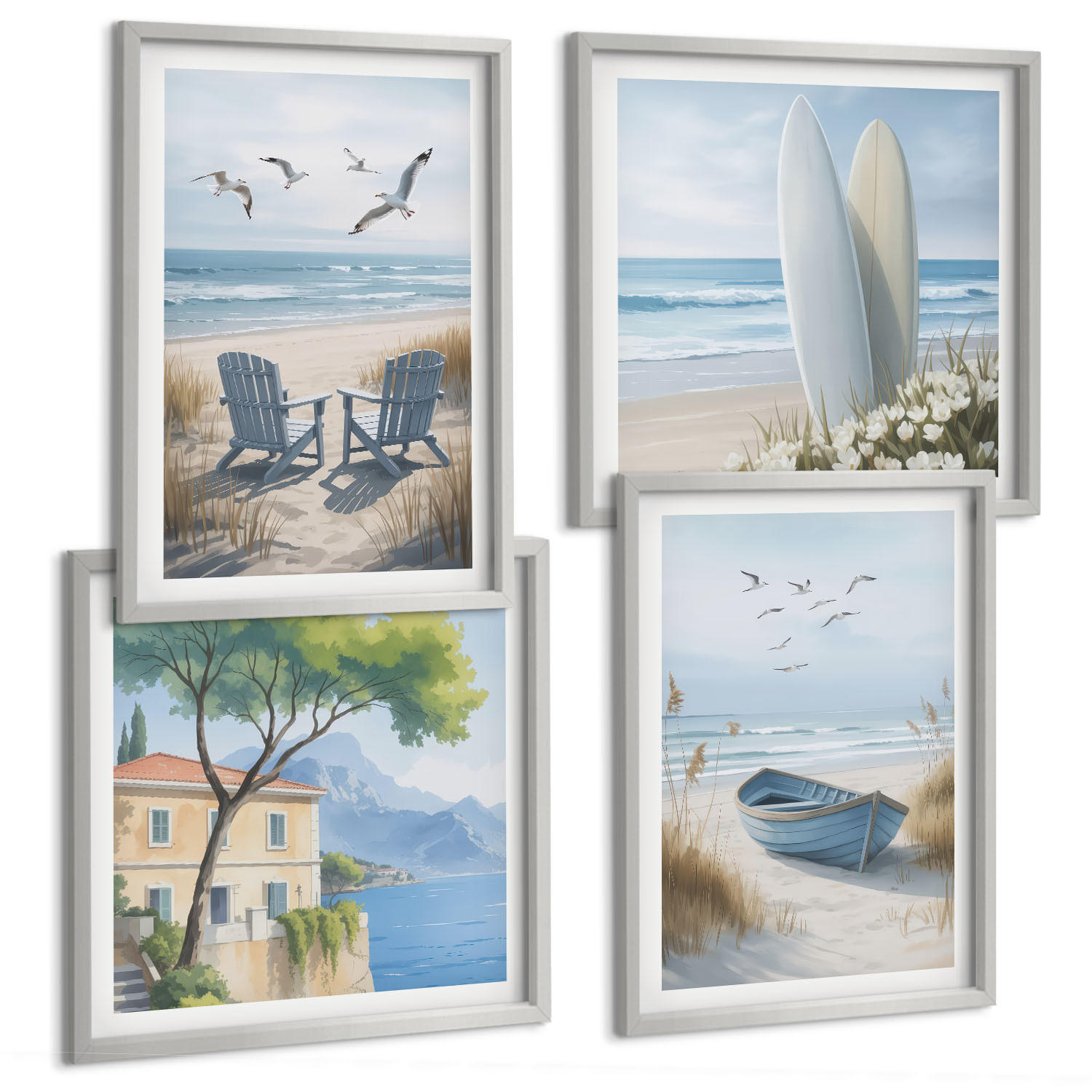 BILDER SET 4er Set - 50x50 cm & 40x60 cm Silberner Rahmen - Strandbretter, Surfboote, Vögel - Silberfarben, Kunststoff (50/50cm) - TULUP