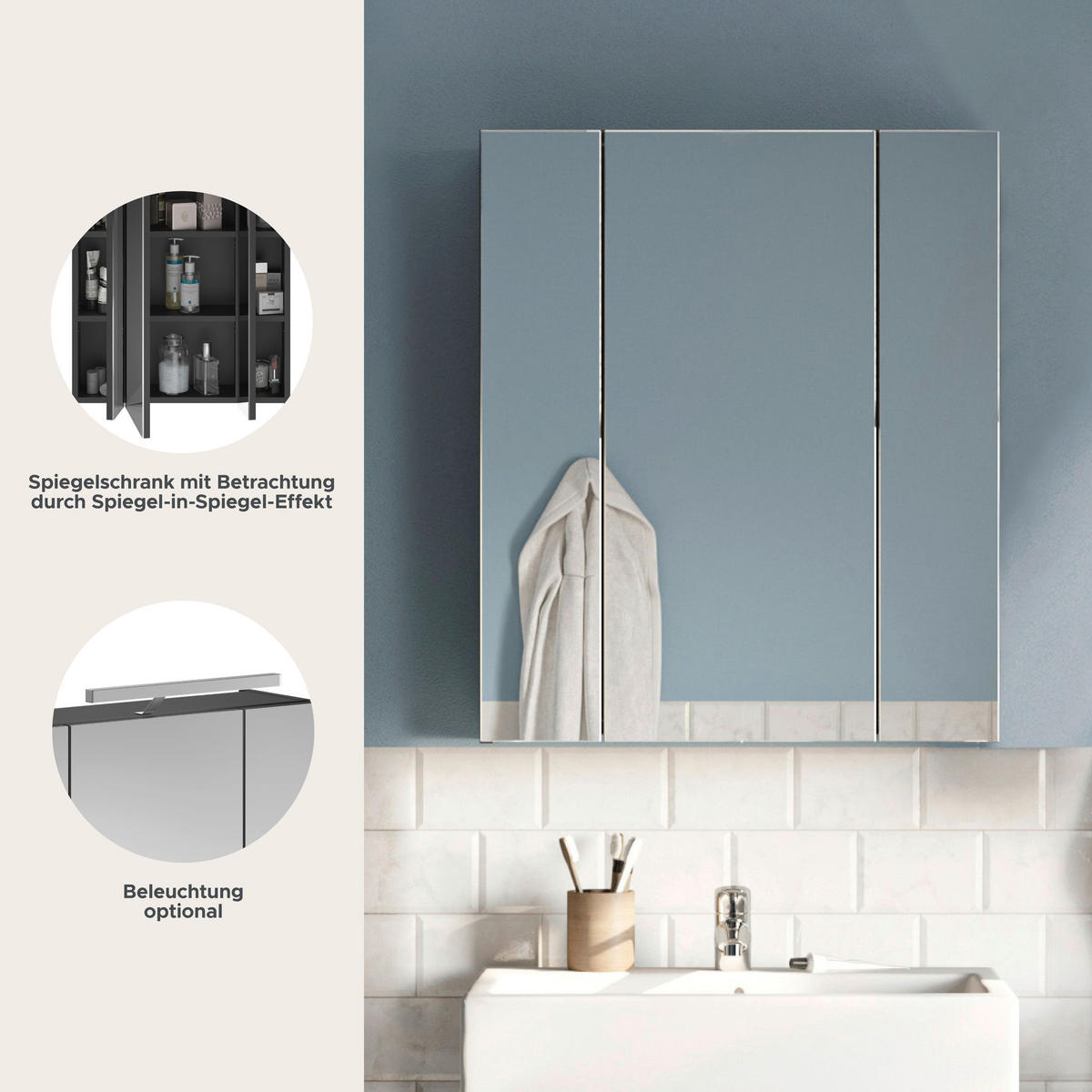 SPIEGELSCHRANK Linus Bad in schwarz Nachbildung und Spiegelglas B/H/T: 60x70x18 cm - Schwarz, Holzwerkstoff (60/70/18cm)