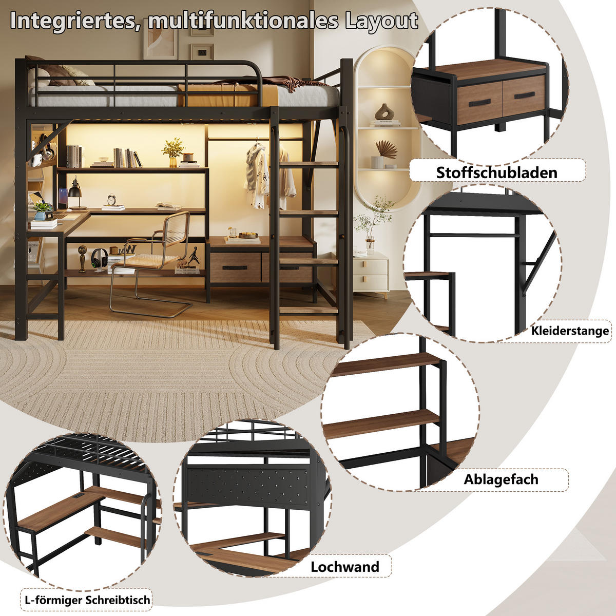 HOCHBETT 140x200cm, Eisen, Lochwand, Regale, Schubladen, Schreibtisch, USB, LED, Geländer, ohne Matratze, Schwarz - Schwarz, Holzwerkstoff (140/200cm)