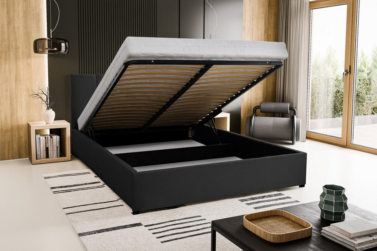 POLSTERBETT LISA mit Kopfteil, 160 x200 cm, Doppelbett mit Bettkasten und Lattenrost aus Velourstoff, Velourstoff, Frabe: Schwarz - Schwarz, Holz/Kunststoff (160/200cm) - VENASI MÖBEL