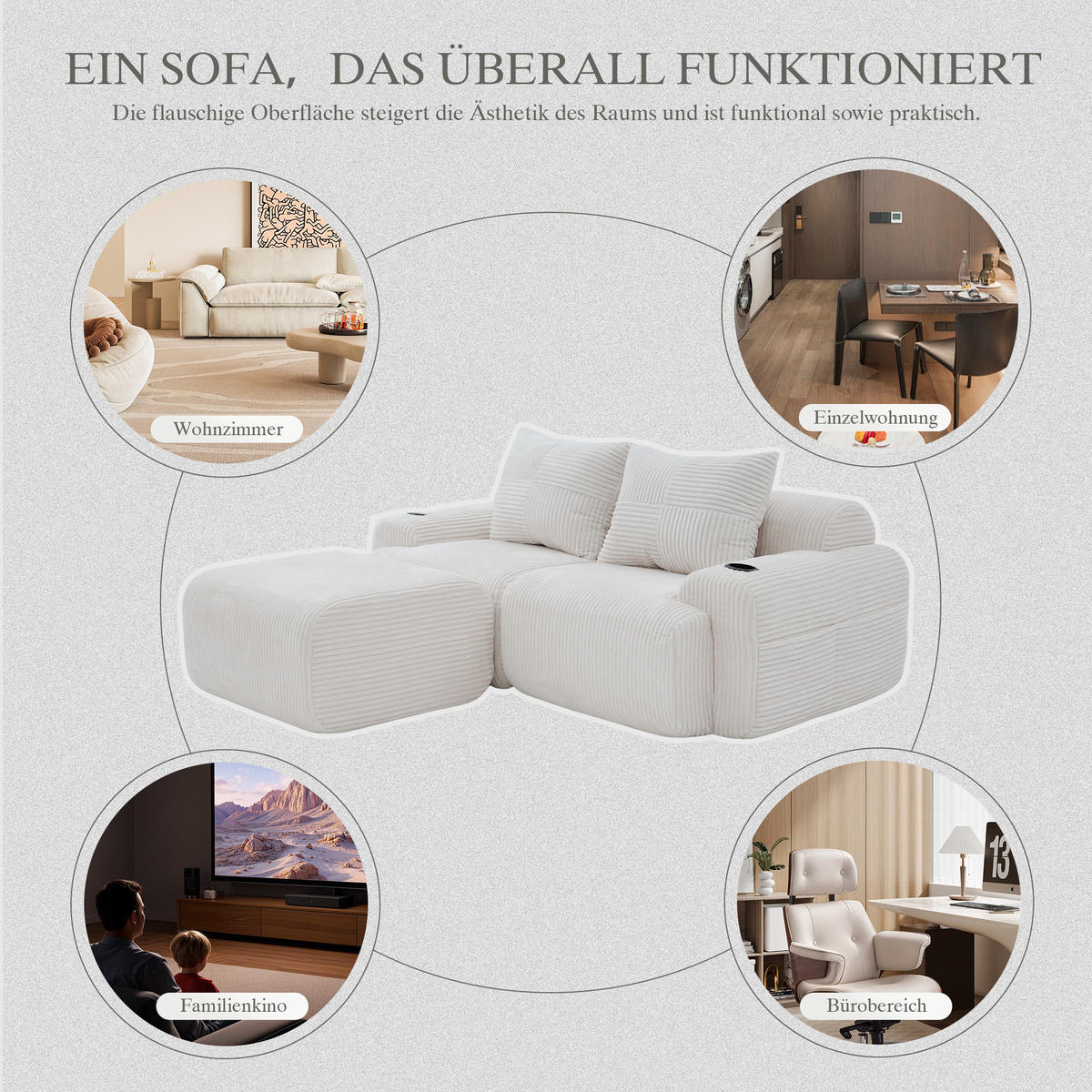 MODULARES 2-Sitzer Sofa Cord mit Getränkehalter und Seitentasche 200/174/80 cm Beige - Beige, Textil (174/200cm) - Redom