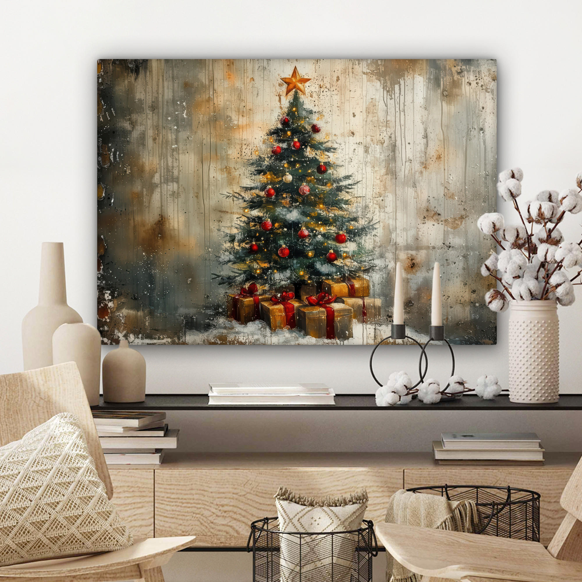 LEINWANDBILD Weihnachtsbaum - Vintage - Weihnachten - Geschenk Wandbilder 80x60 cm - Rostfarben, Textil (80/60cm) - MuchoWow