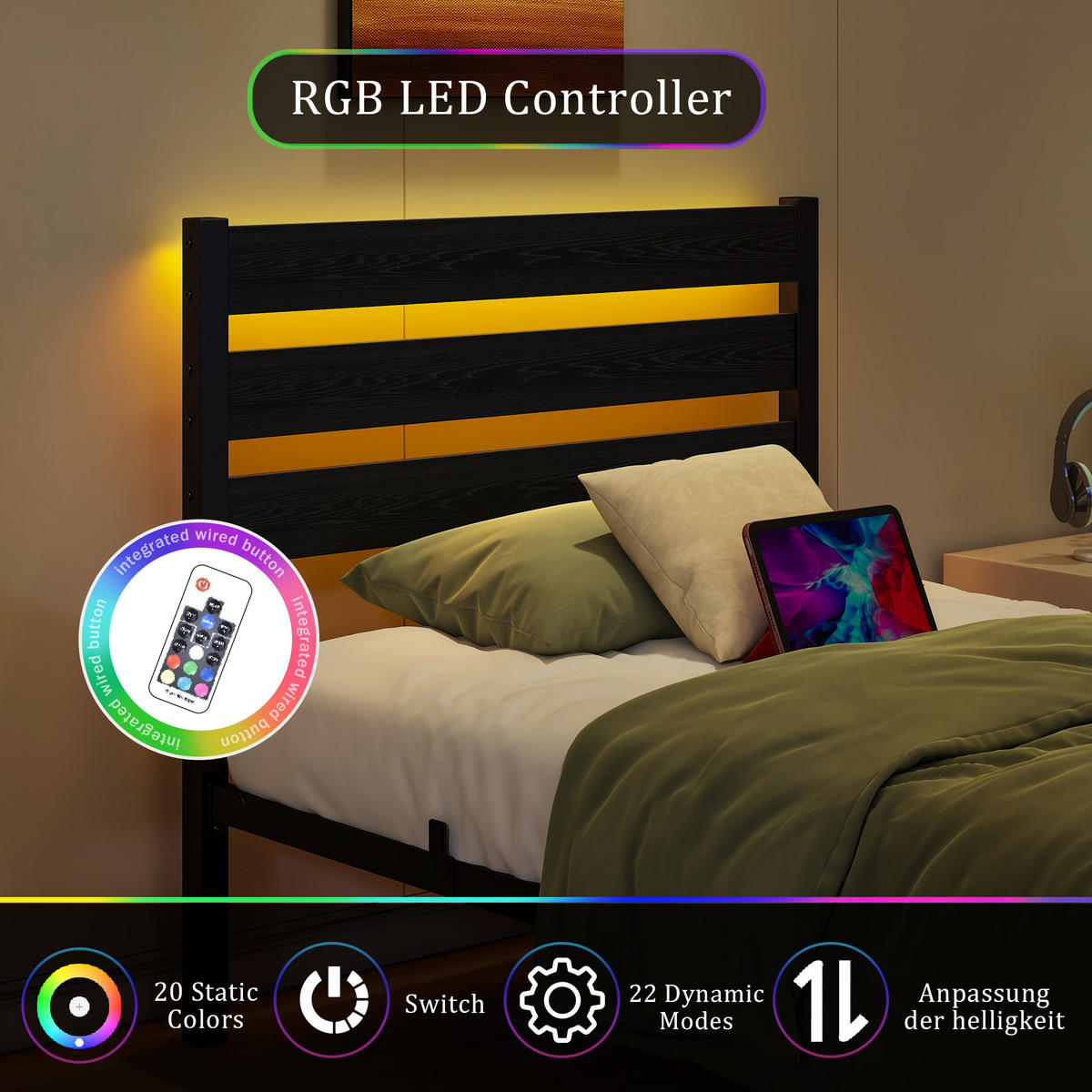 METALLBETT 90x200 cm LED USB Stauraum - Schwarz, Holzwerkstoff (90/200cm) - LEBENLANG