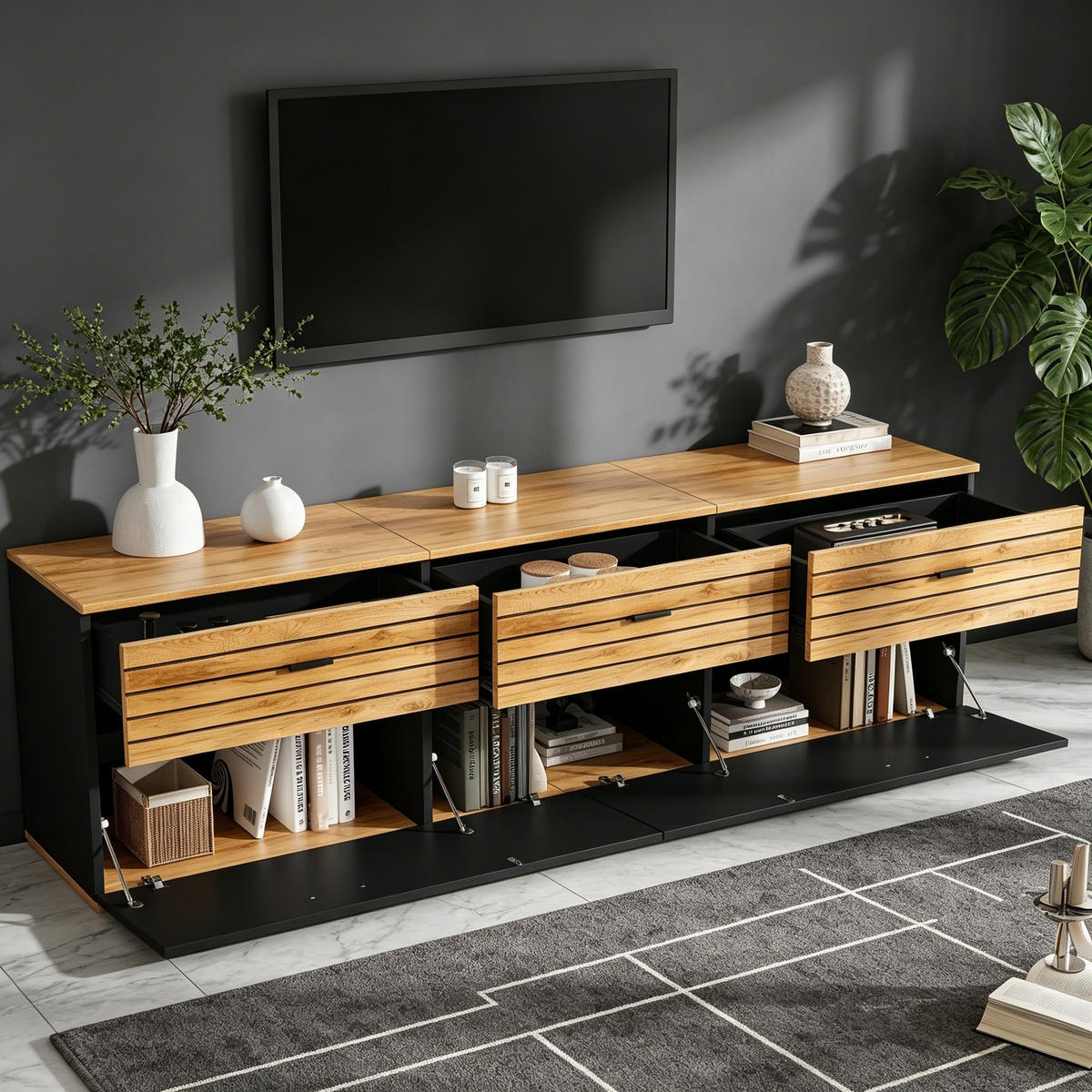 TV‑SCHRANK Naturholz‑Schwarz mit Schubladen und Klapptüren 168 × 38 × 59 cm - Naturfarben, Holzwerkstoff (168/59/38cm) - Luhomfu