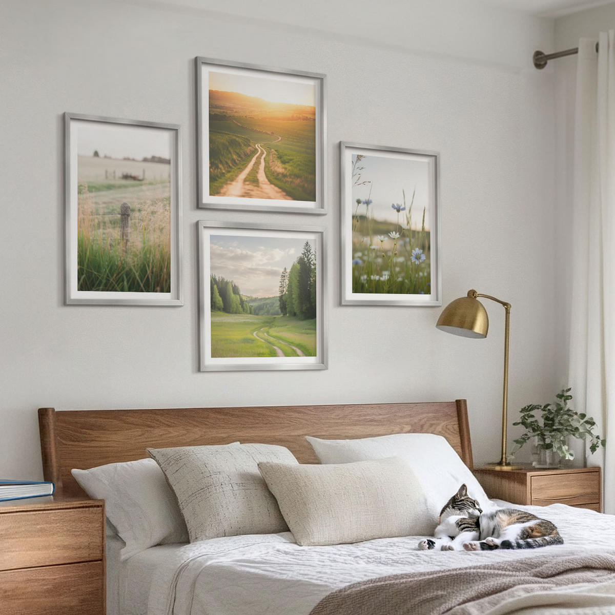 WANDBILDER 4er Set - 50x50 cm & 40x60 cm Silberner Rahmen - Landschaften Natur Felder Sonne - Silberfarben, Kunststoff (50/50cm) - ArtPrintCave