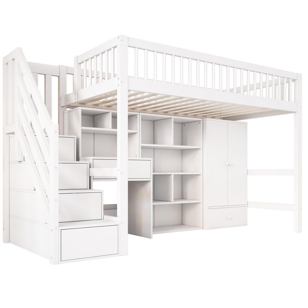 VYSOKÁ posteľ 90/200 cm biela z masívneho dreva a MDF s písacím stolom schodmi a úložným priestorom - biela, kompozitné drevo (90/200cm) - OKWISH