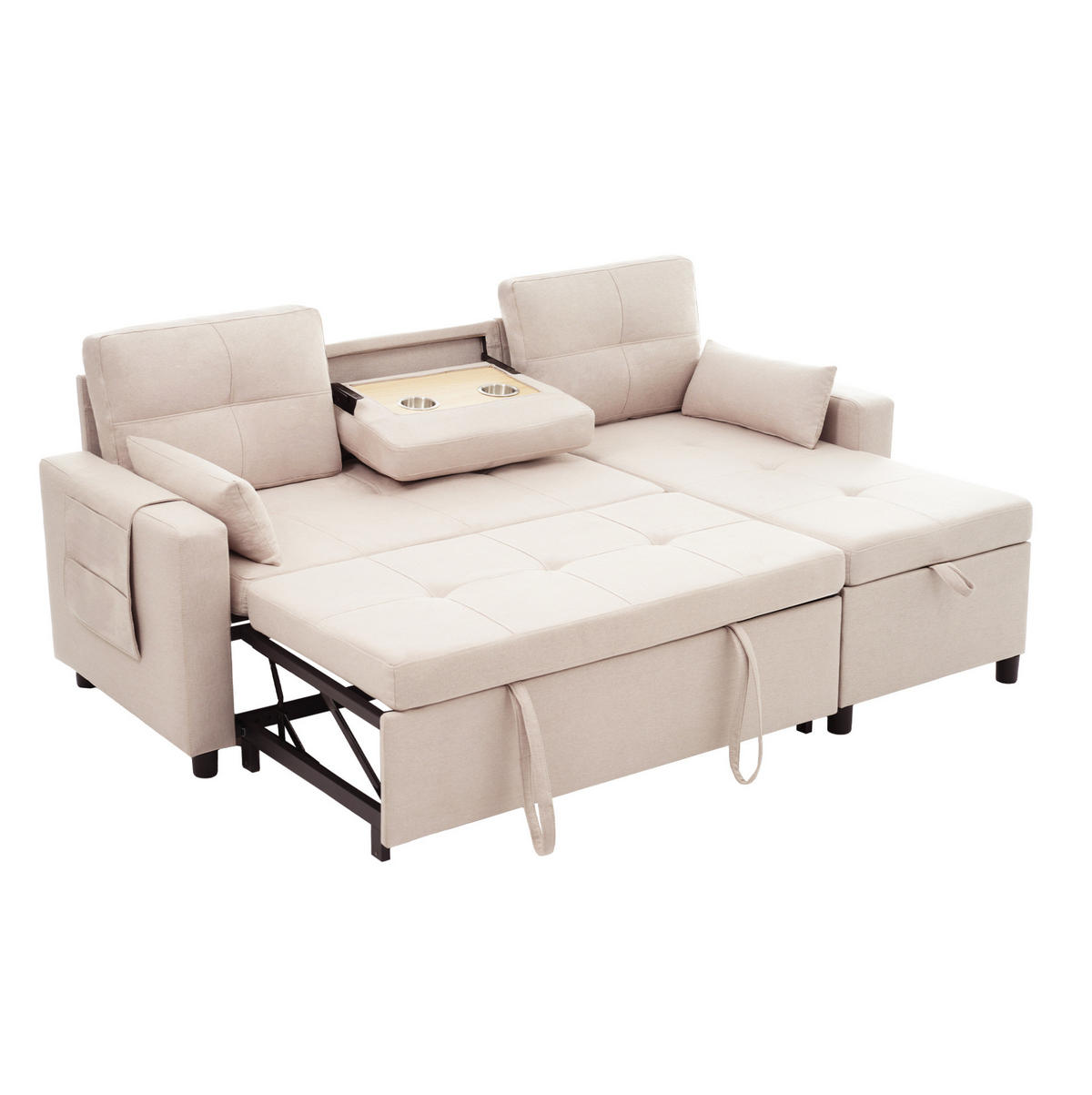 SCHLAFSOFA 211/136 cm in Beige – mit Bettkasten und Chaiselongue - Beige, Textil (136/87/211cm) - BEAOK