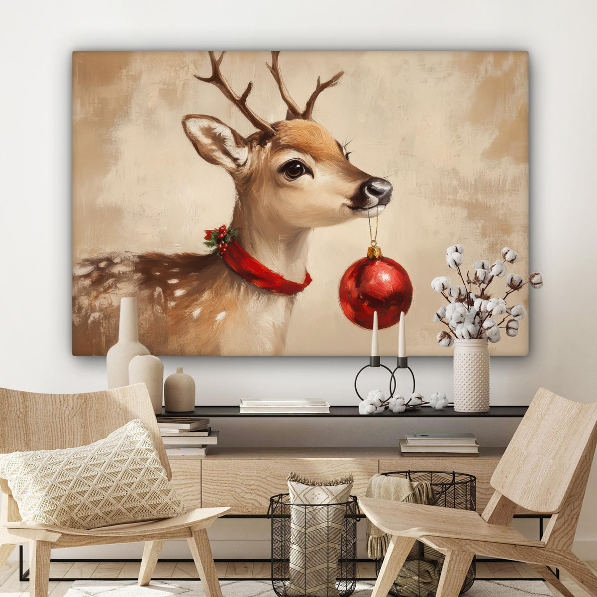 LEINWANDBILD Weihnachten - Hirsch - Geweih - Weihnachtskugel - Rentier Wohnzimmer 120x80 cm - Hellbraun, Textil (120/80cm) - MuchoWow