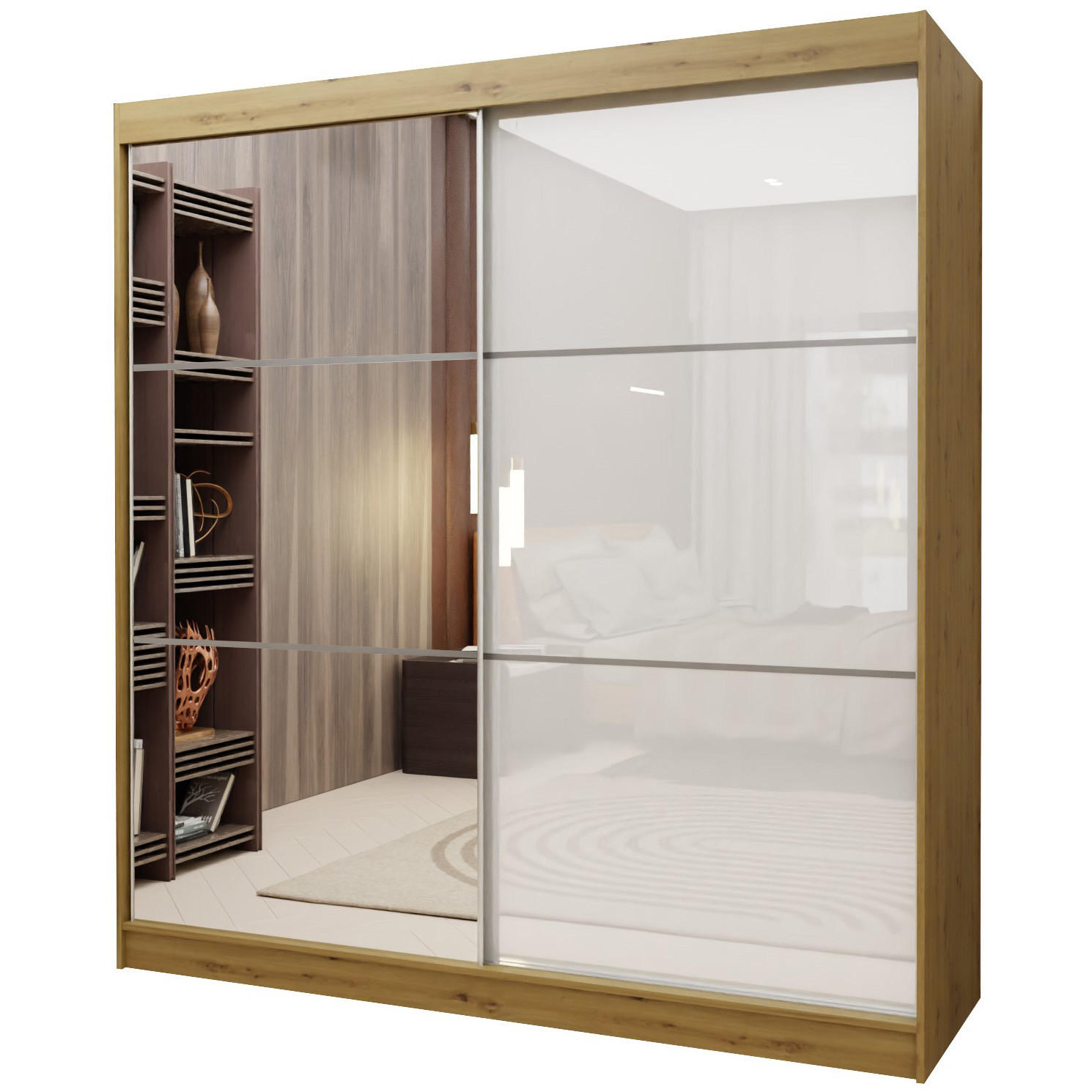 SCHWEBETÜRENSCHRANK VITALE 200/216/61 cm 2-türig mit Spiegel Eiche Artisan - Weiß/Eiche Artisan, Holzwerkstoff (200/216/61cm) - MASSENO