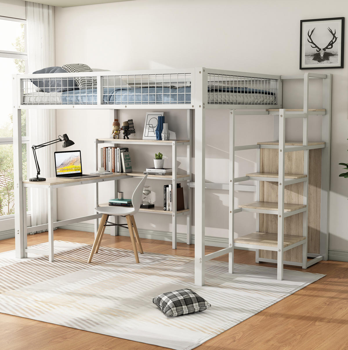 HOCHBETT 140/200 cm mit Schreibtisch, Regalen und Kleiderschrank aus Metall und MDF, Weiß - Weiß, Metall (140/200cm) - Redom