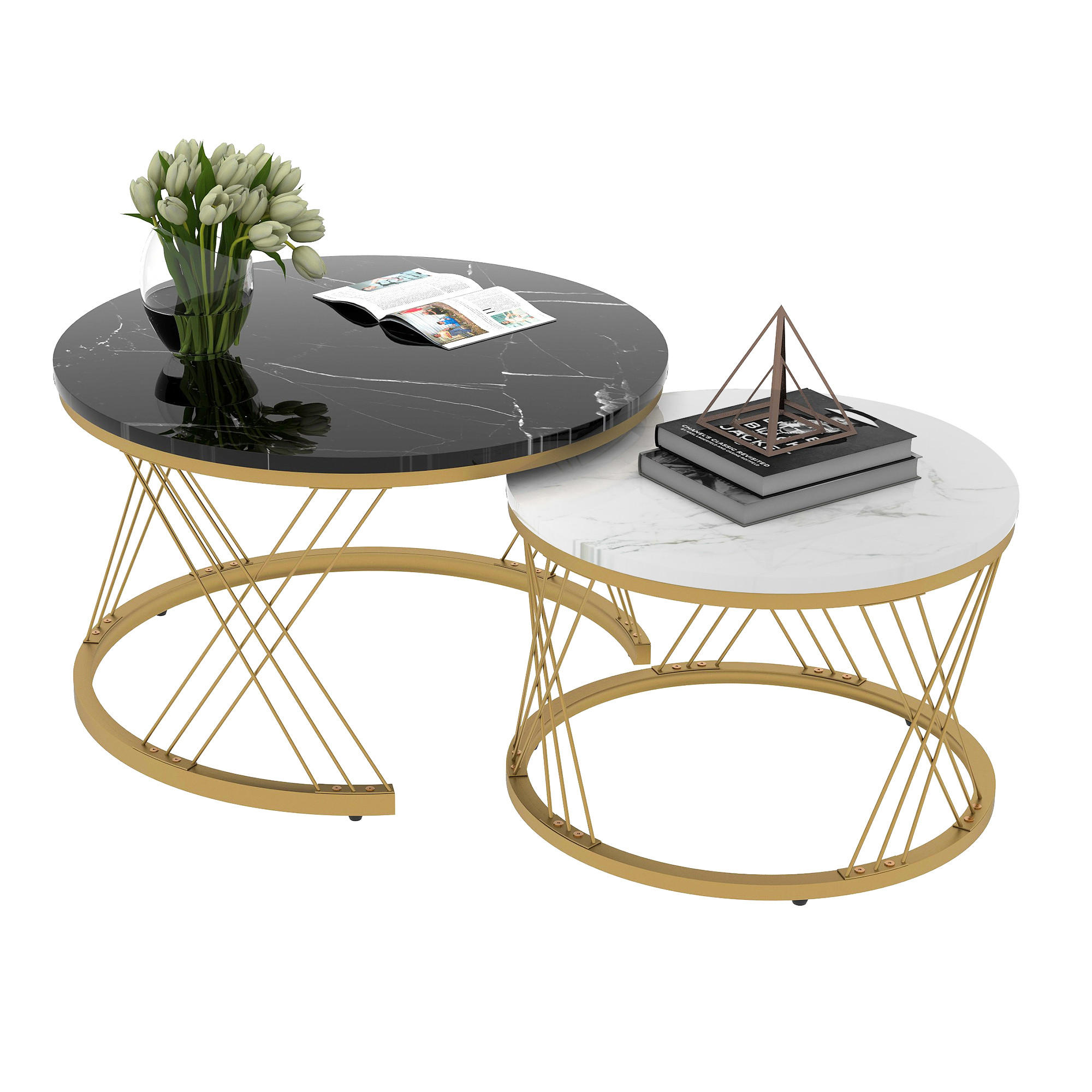 COUCHTISCH Runder Nesting mit Marmoroptik Zweiteilig Für Wohnzimmer Und Kleine Räume Schwarz,70 X 70 X 45 Cm - Goldfarben/Schwarz, Holzwerkstoff/Metall (70/70/45cm) - EVRYAE