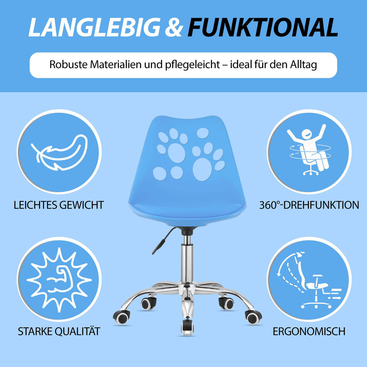 BÜRODREHSTUHL Blau, Höhenverstellbar, Rollen, Ohne Armlehnen, Ergonomisch Für Home Office Und Schlafzimmer - Blau, Textil (51/94/58cm) - Best For Home