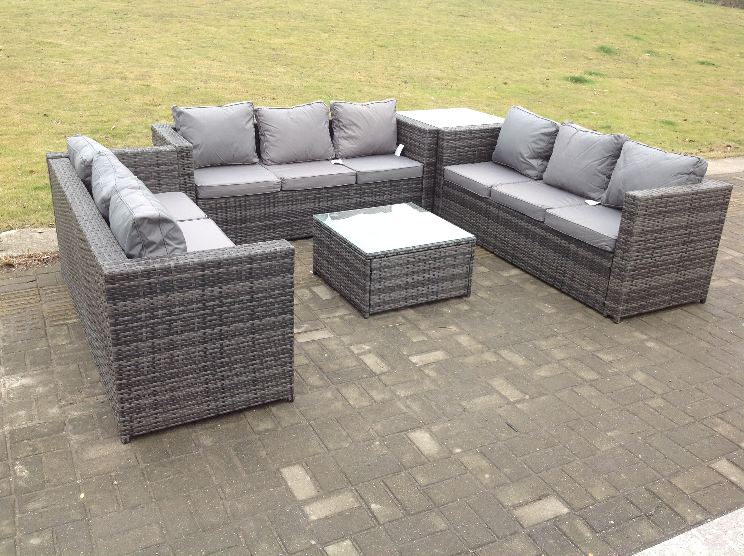 GARTENMÖBELSET mit Couchtisch Polyrattan 9-Sitzer - Dunkelgrau/Grau, Glas/Kunststoff - Fimous