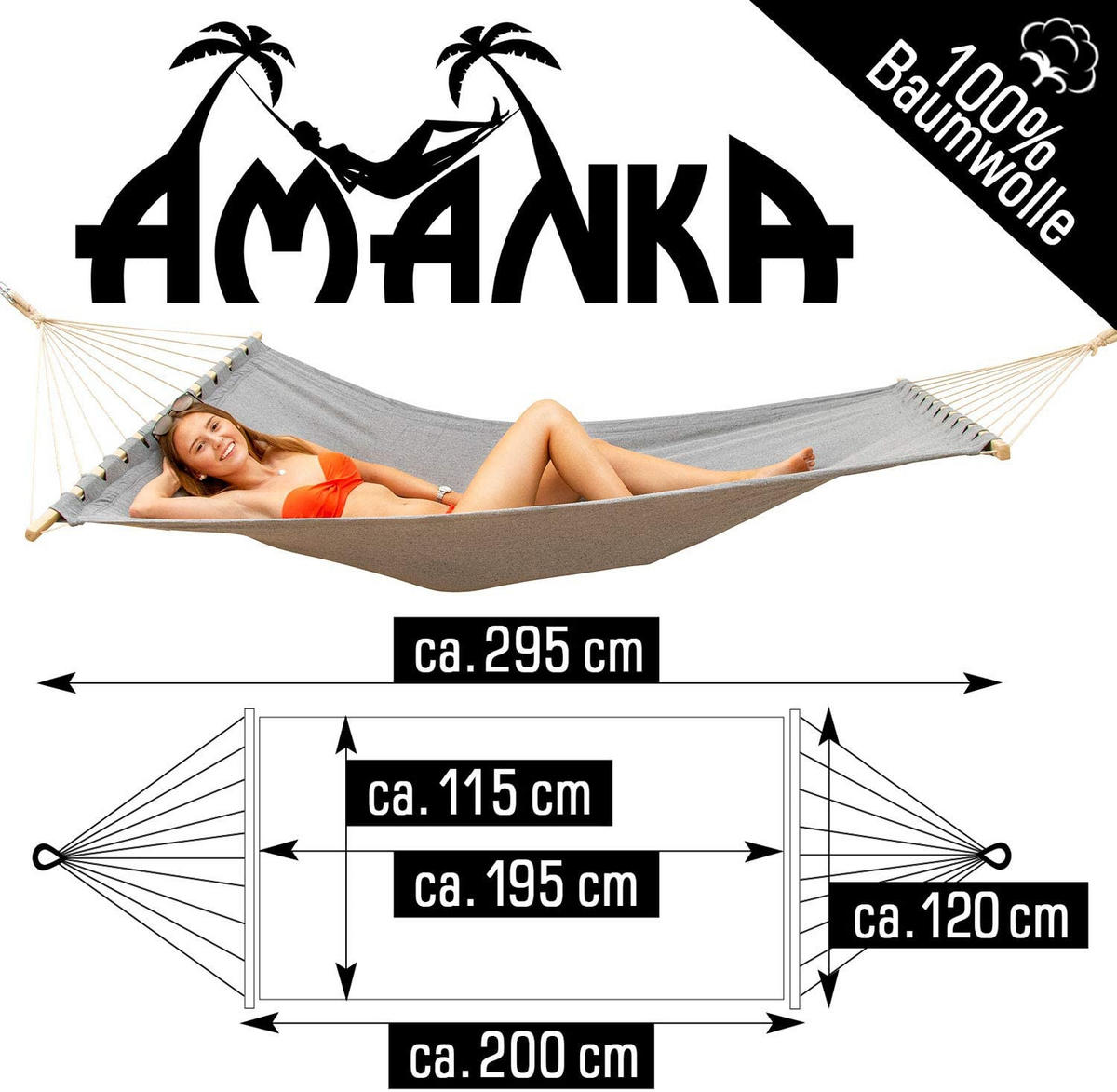 DOPPEL-HÄNGEMATTE mit Gestell bis 120kg, 200/120cm, Grau - Grau, Metall (100/90/300cm) - Amanka