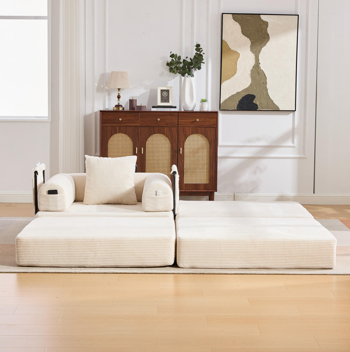 SCHLAFSOFA aus Cord 112x190x67 cm Beige mit Hocker, Seitentasche und Kissen, montagefrei - Beige, Textil (112/67/190cm) - Modfu