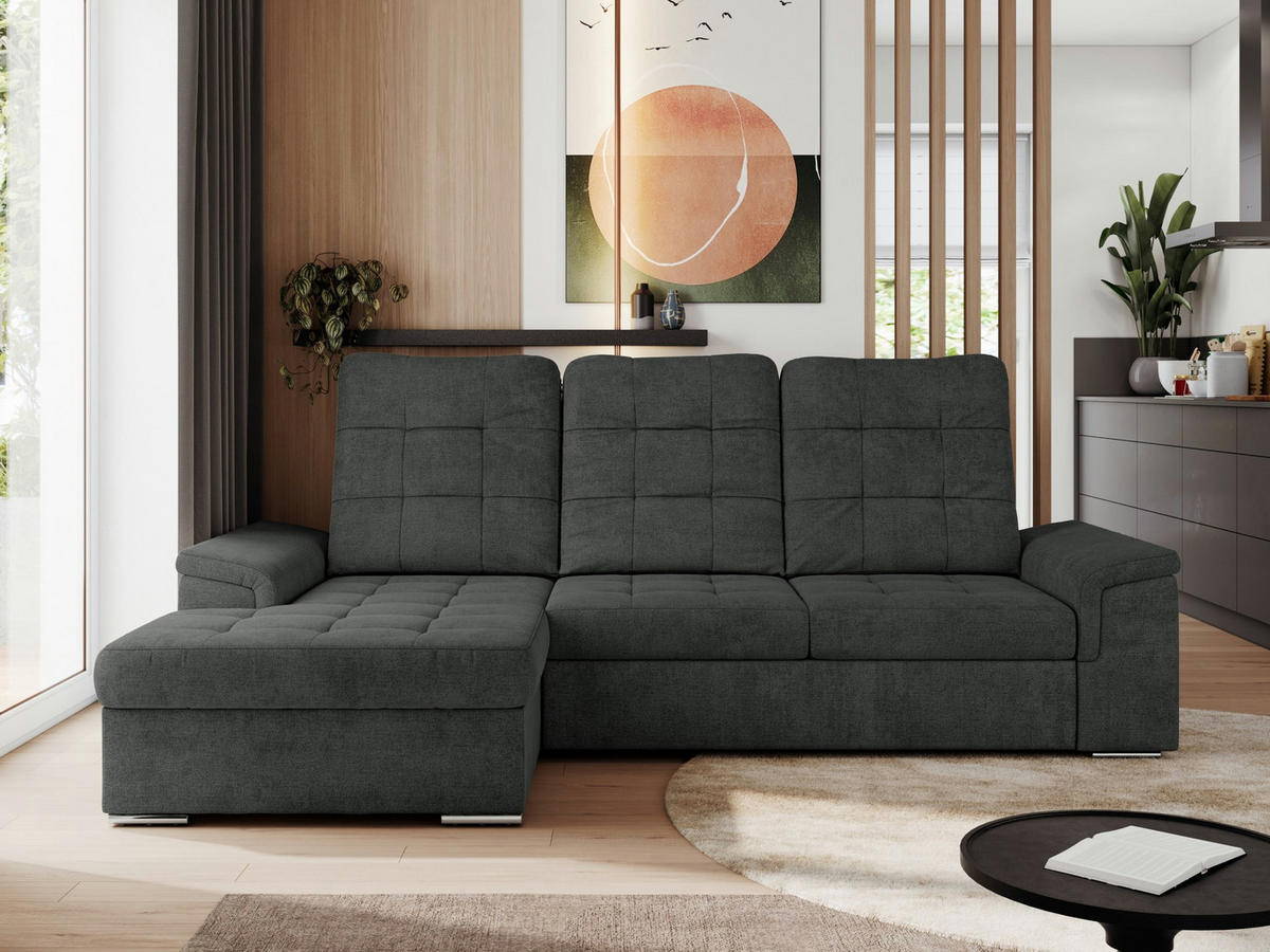 ECKSOFA MADRITO L - Dunkelgrau Struktur - Links - Dunkelgrau/Silberfarben, Textil/Metall (160/256cm)